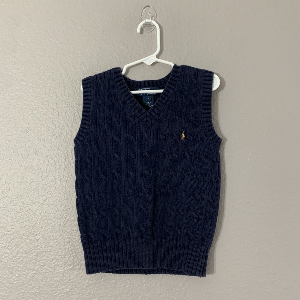 Polo Ralph Lauren Boys Size 5 Cable Knit‎ Sweater Vest Navy Blue Natural Pony